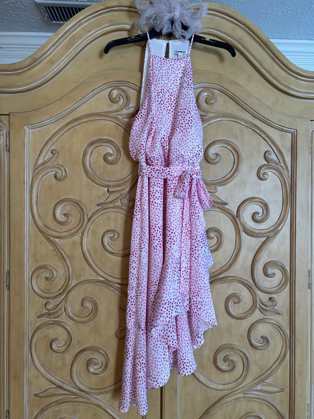 Express Pink Polka Dot Halter Ruffle High Low Dress